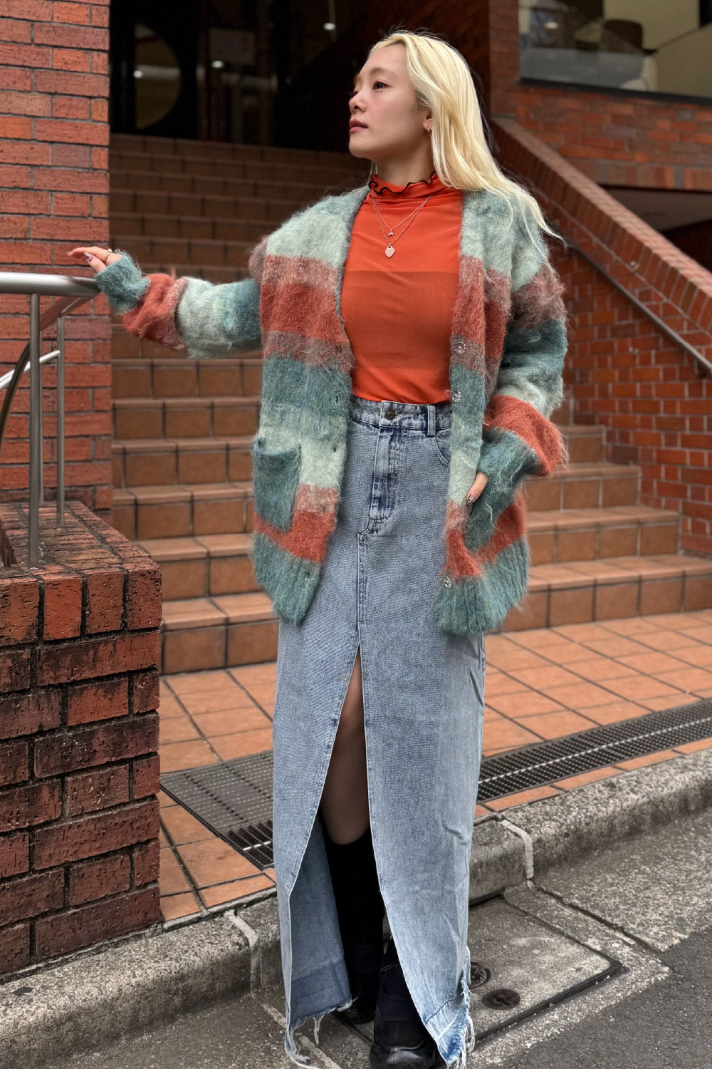 Denim slit long skirt