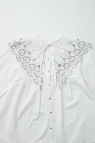 【2way】Embroidery Collar Tunick Blouse / White