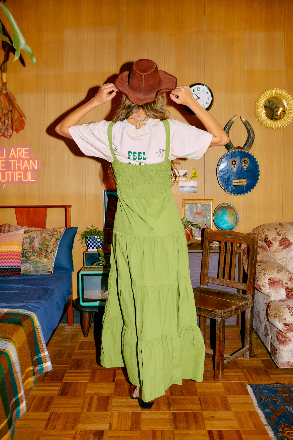 Gathered flared dress / Green
