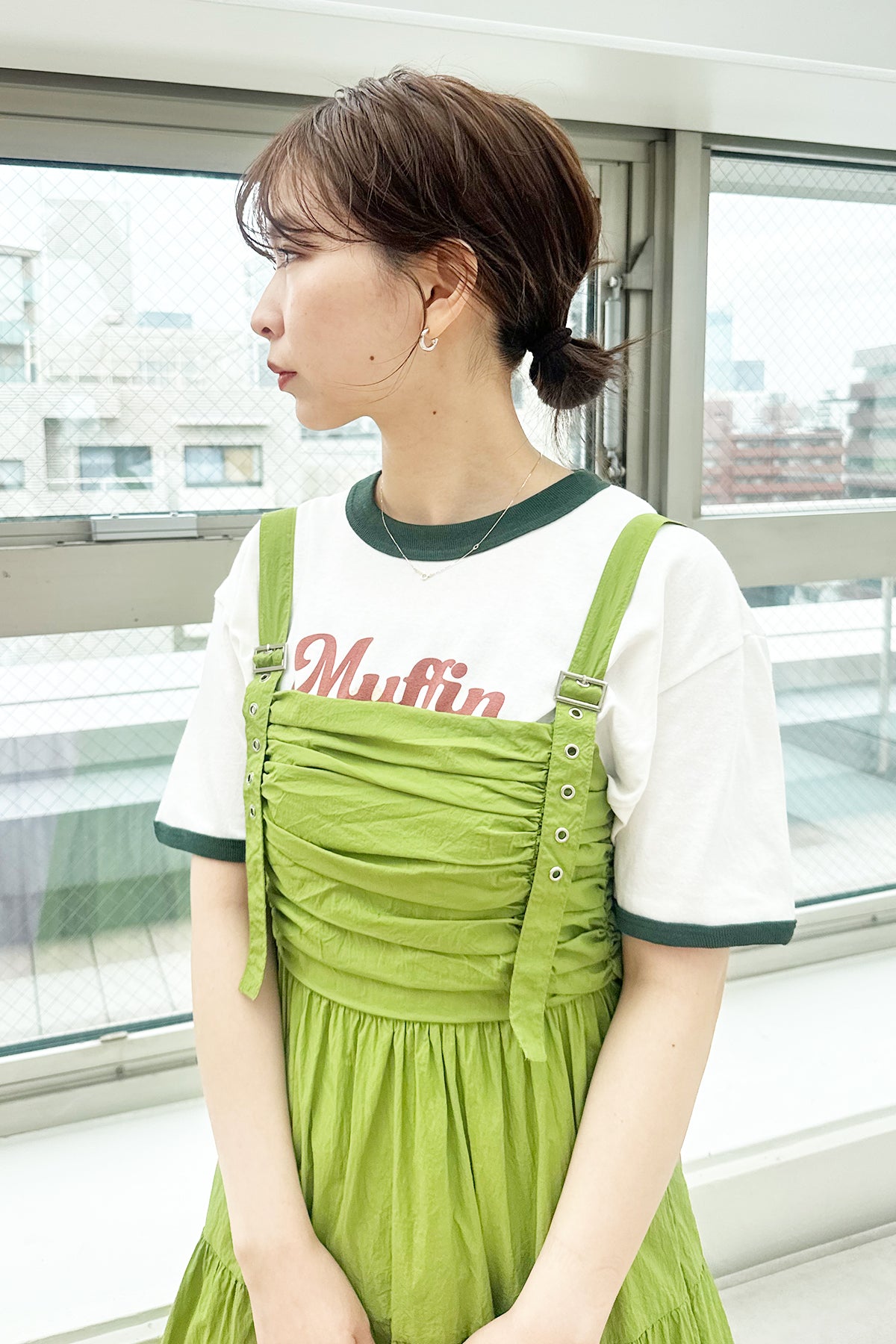 Gathered flared dress / Green