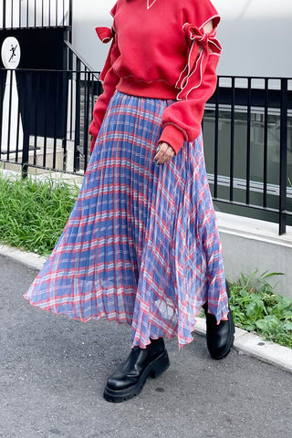 Different Plaid Pleats Skirt / Blue
