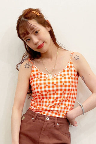 Sheer Top & Bra Cup Camisole Set / Orange × Orange Gingham Flowers