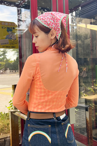 Sheer Top & Bra Cup Camisole Set / Orange × Orange Gingham Flowers