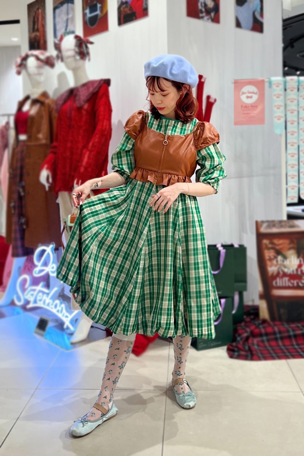 Special Balloon Check Dress / Green
