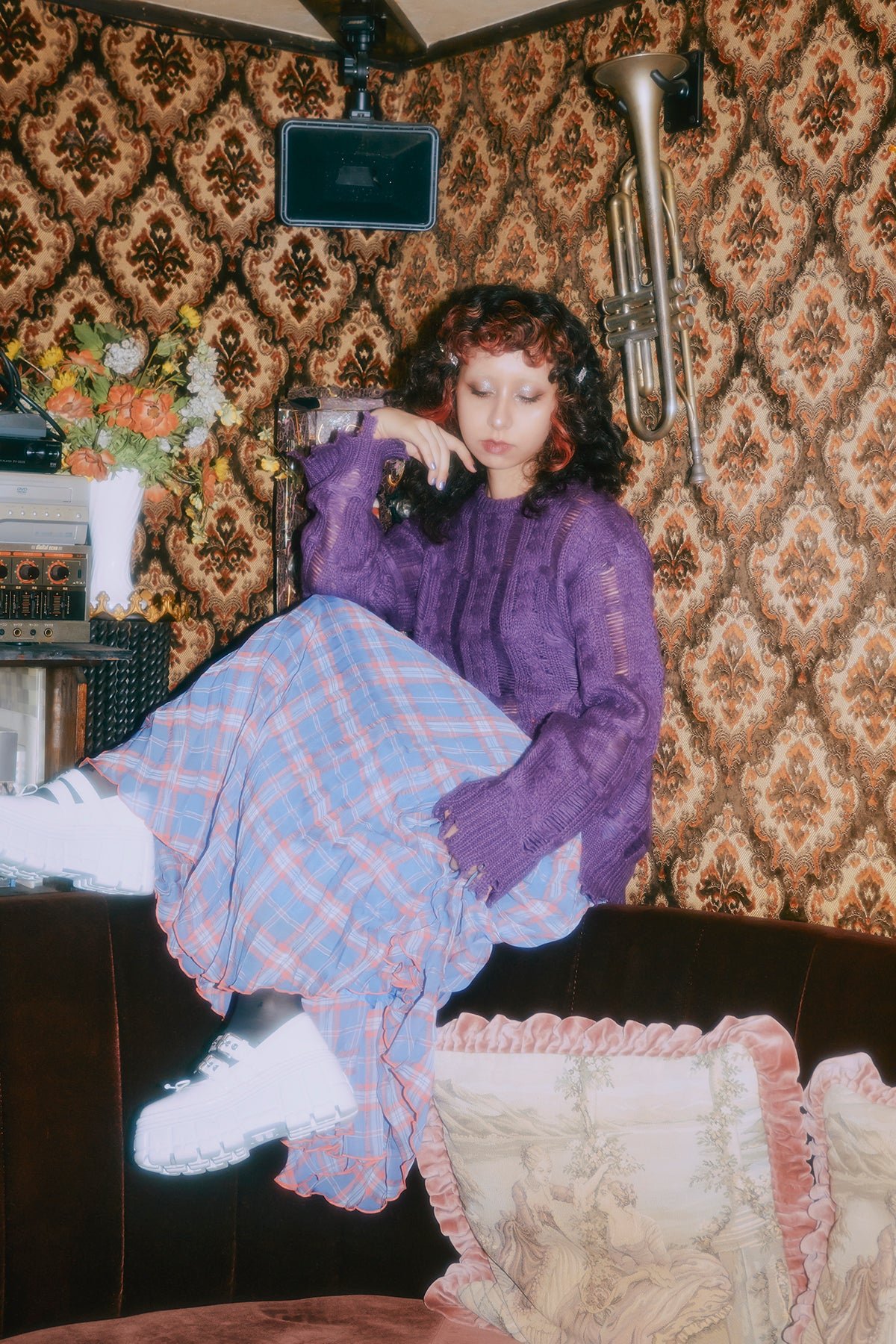 Different Plaid Pleats Skirt / Blue