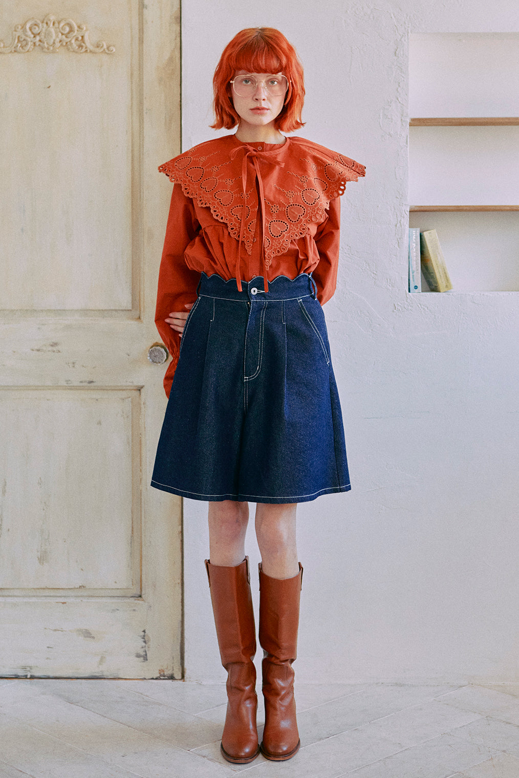 【2way】Embroidery Collar Tunick Blouse / Orange