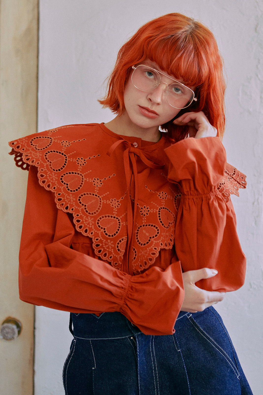 【2way】Embroidery Collar Tunick Blouse / Orange
