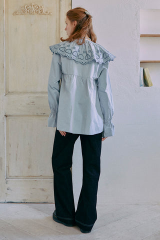 【2way】Embroidery Collar Tunick Blouse / Blue