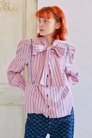 Stripe Big Bowtie Blouse / Pink