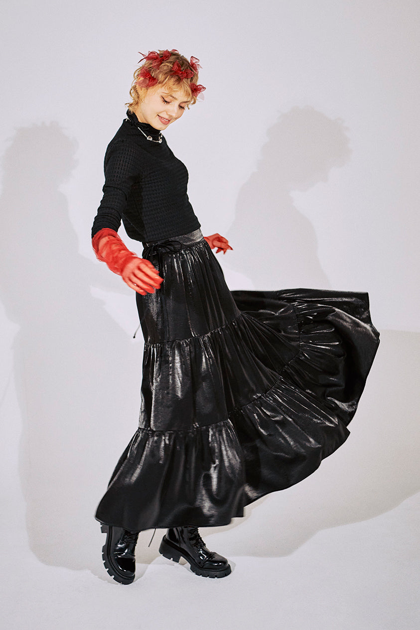 Velvet Ribbon Sparkling Skirt / Black