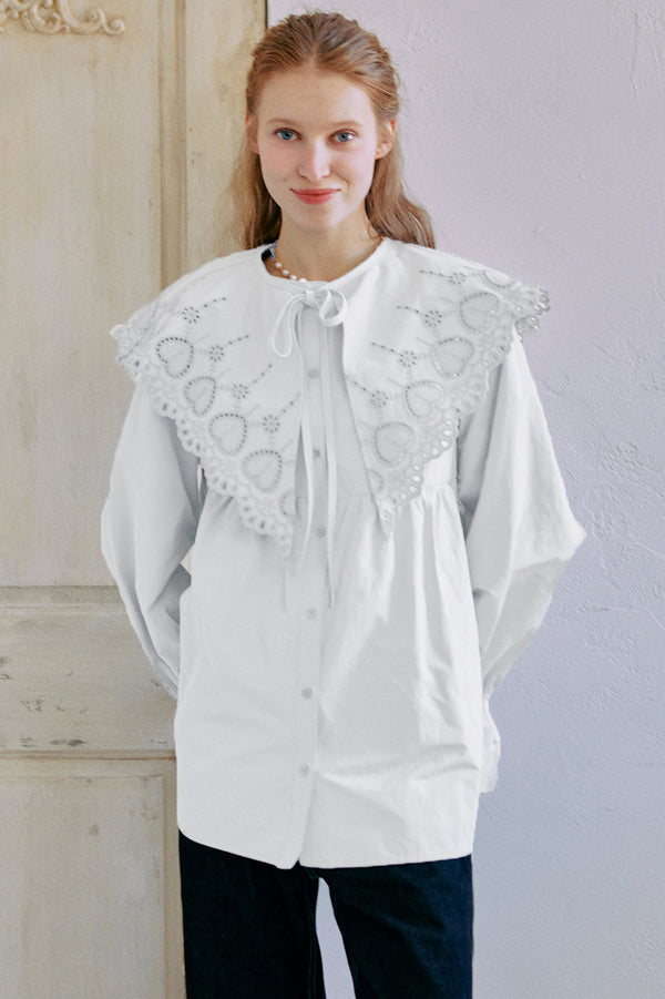 【2way】Embroidery Collar Tunick Blouse / White