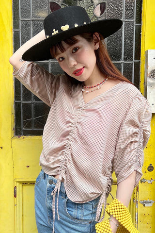 Tightly Draw Code Gingham Tops / pink