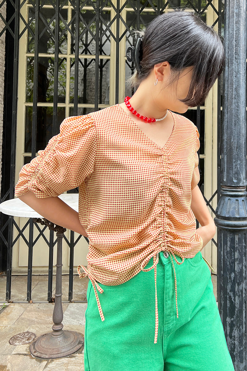 Tightly Draw Code Gingham Tops / Yellow