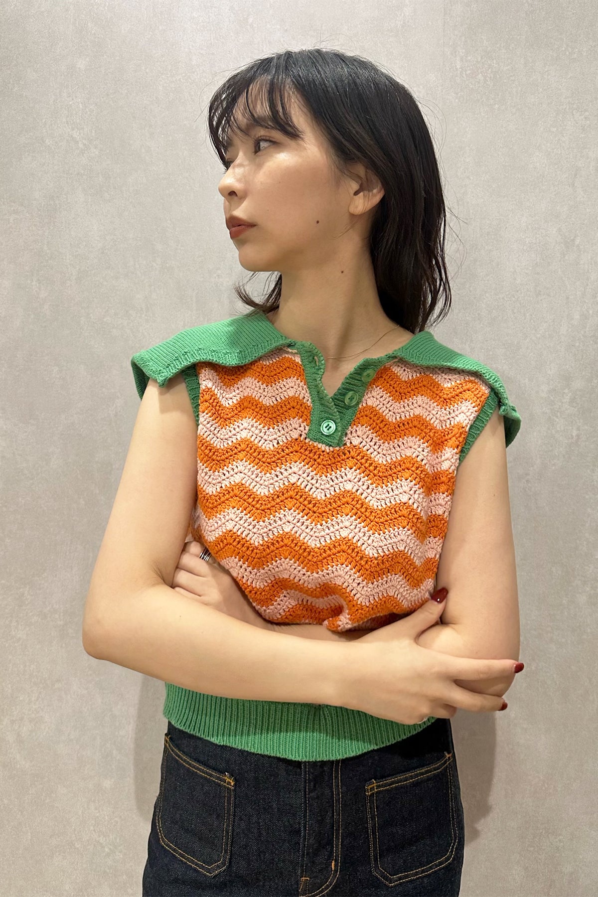 Wiggly Knit Sailor Top / Green